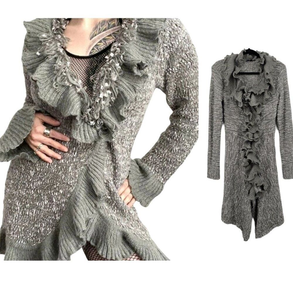 Vtg 90s Wool Ruffled Knit‎ Cardigan Sweater Duster L Gray Whimsical Fairy Goth